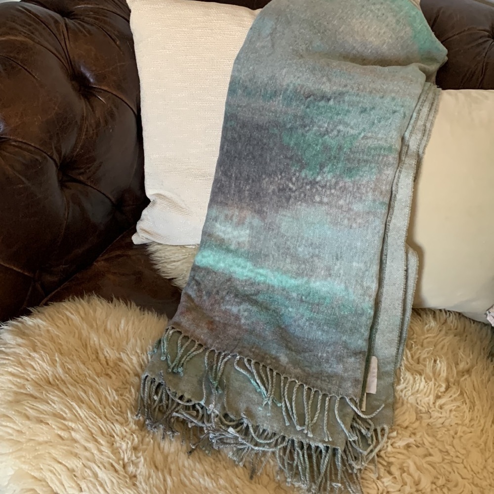 NIDO NOTTE ITALIA LUXURY FRINGED MULTICOLORED THROW BLANKET gray blue‎ cotton